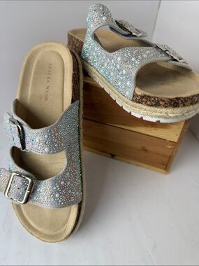 Azalea Wang Iridescent Jeweled Double-Buckle Sandals - Silver Sparkle Size 8.5